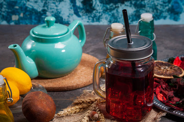Red Hot Hibiscus tea in a glass mug