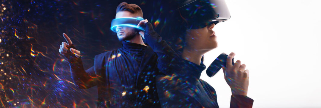 Double exposure of female face and man in glasses of virtual reality. Abstract woman portrait. Girl using VR helmet with controllers in hands. Augmented reality concept. Free space for text.