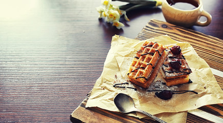 Viennese waffles with filling. Coffee table. A set of fragrant cookies for breakfast for the holiday.