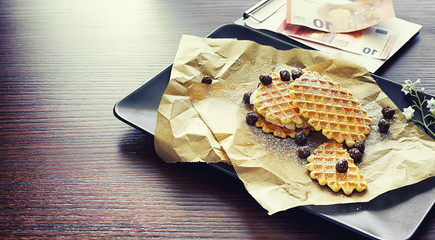 Viennese waffles with filling. Coffee table. A set of fragrant cookies for breakfast for the holiday.
