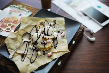 Viennese waffles with filling. Coffee table. A set of fragrant cookies for breakfast for the holiday.
