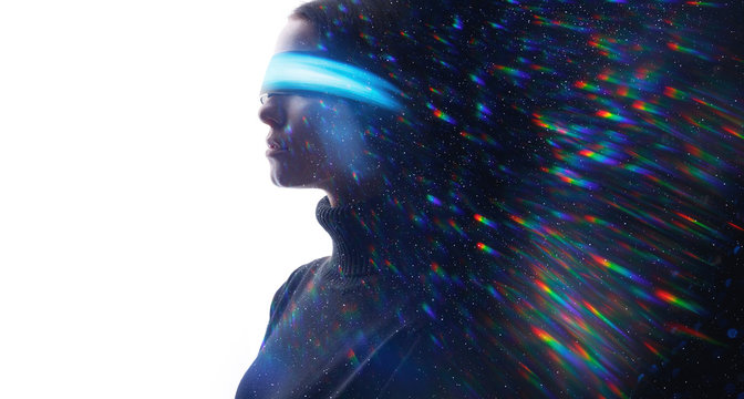 Double exposure of female face. Abstract woman portrait. Digital art. Girl in glasses of virtual reality. Augmented reality concept. VR. Blue neon light, rainbow. Free space for text.