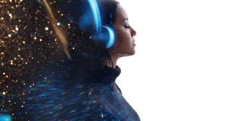 Portrait of woman in headphones listening music with closed eyes. Double exposure of female face and galaxy, sparkles isolated on white background. Digital art. Blue neon light. Free space for text. - obrazy, fototapety, plakaty