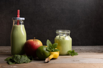 Homemade healthy smoothy made of spinach,banana and apple.