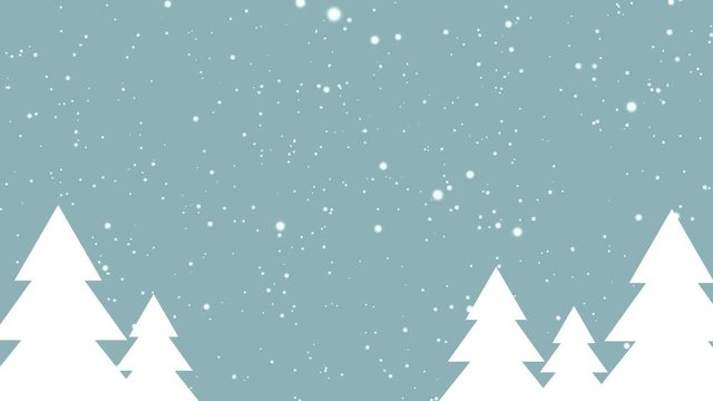 Snow with white snowflakes slowly falling down on christmas fir trees on blue background - christmas, winter or new year template, loopable