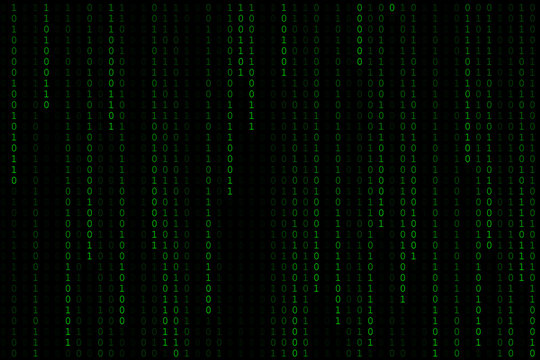 Technology digital binary code in color green with matrix dark or black background.
