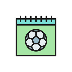 Calendar with soccer ball, day of play flat color icon.