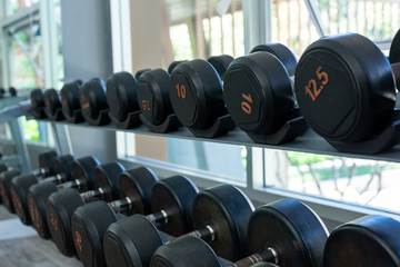 Naklejka na ściany i meble Rows of black metal dumbbells in the gym, selective focus.