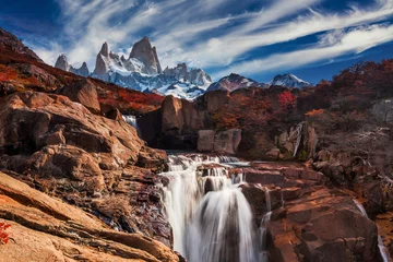 Wall murals Fitz Roy Beautiful view with waterfall and Fitz Roy mountain. Patagonia, Argentina