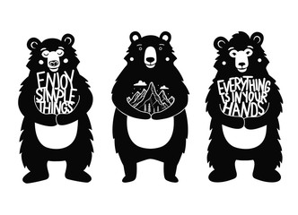 Vector illustration set with bears, quote and doodle mountains. Enjoy simple things, Everything is in your hands