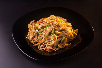 noodles with beef and mushrooms on the plate