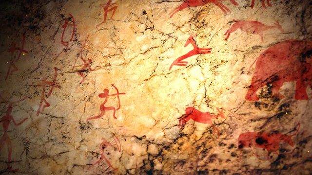 A Red ocher Drawing in a cave painted by an ancient man on a wall, a rock. Hunting for an animal. Aboriginal, Neanderthal, cave man. The Stone Age, the Ice Age. Science, anthropology.