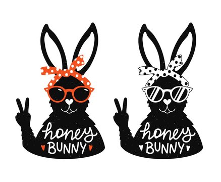 Vector Vintage Illustration Set With Rabbits In Sunglasses And Headbands. Honey Bunny Lettering Phrase.