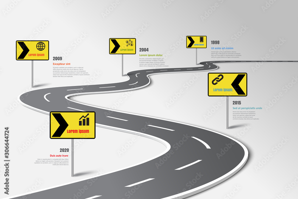 Wall mural business road map timeline infographic template with pointers designed for abstract background miles