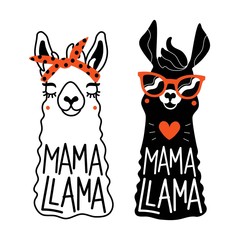 Vector illustration set with llama animal and lettering phrase Mama Llama. © julymilks