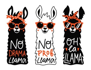 Vector llama set in red sunglass and headband. No prob llama, No drama llama, Oh la llama motivational and inspirational quotes. © julymilks