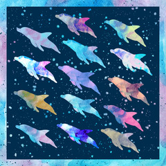 Dolphins on the abstract background. Watercolor splashes.