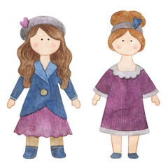Watercolor handmade doll. Set with the cartoon girls. A good illustration for a sticker, a logo, a business card or a postcard. Doll, handmade, children's doll, interior doll.