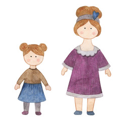 Watercolor handmade doll. Set with the cartoon girls. A good illustration for a sticker, a logo, a business card or a postcard. Doll, handmade, children's doll, interior doll.