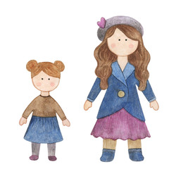 Watercolor handmade doll. Set with the cartoon girls. A good illustration for a sticker, a logo, a business card or a postcard. Doll, handmade, children's doll, interior doll.