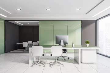 Fototapeta na wymiar Green and gray CEO office with meeting room
