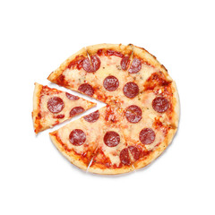 Hot delicious pepperoni pizza on white background, top view