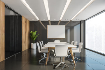 Wooden and gray conference room with poster