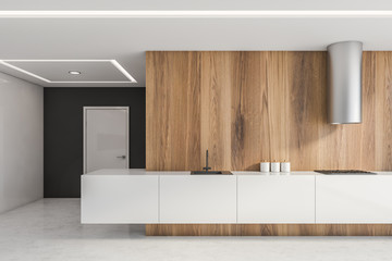 Fototapeta na wymiar Wooden and gray kitchen with countertops
