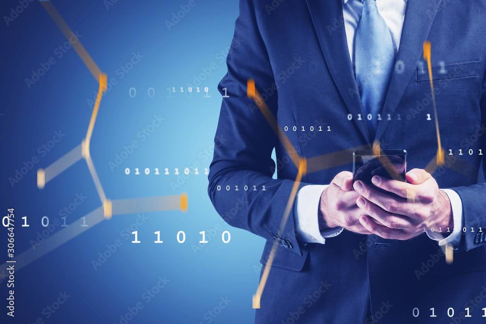 Poster man with phone, network and coding