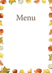 Menus for cafes, restaurants. Recipe sheet, watercolor dishes, fruits, vegetables, drinks. Template for the menu. Watercolor food illustration element. Watercolor background Food, cafe, menu.