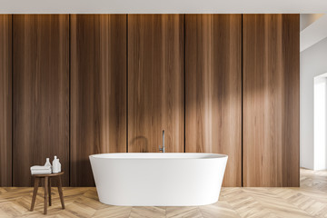 Naklejka na ściany i meble Dark wooden bathroom interior with tub