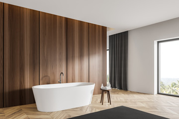 Naklejka na ściany i meble Dark wooden and white bathroom corner with tub