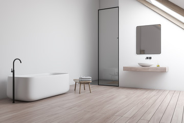 Obraz na płótnie Canvas Attic white bathroom corner with sink and tub