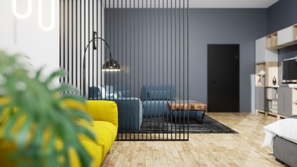 Modern design living room interior with beautiful view . 3D rendering