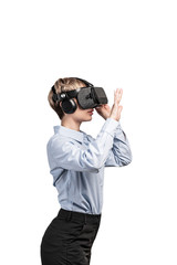 Businesswoman gesturing in VR glasses, isolated