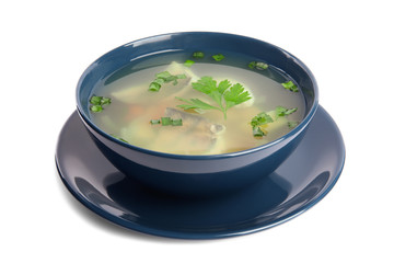 Delicious fish soup in bowl isolated on white
