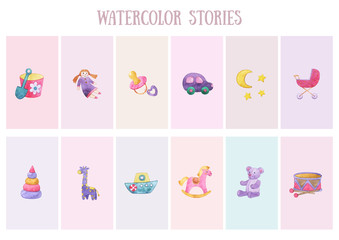 Original watercolor stories. Picture with cartoon illustration. Good illustration for instagram, book, sticker, logo, business card or postcard. Template, instagram, card, history, handmade.