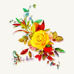 Vintage bouquet of roses with wild flowers, leaf and nightingale. Hand drawn art work. Vector stock.