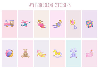 Original watercolor stories. Picture with cartoon illustration. Good illustration for instagram, book, sticker, logo, business card or postcard. Template, instagram, card, history, handmade.