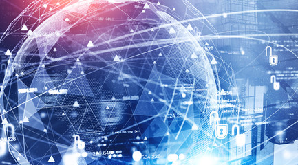 Futuristic planet hologram and internet connection interface in Moscow city. Concept of cyber security and big data. Toned blurry image double exposure. 3d render