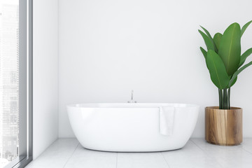 Naklejka na ściany i meble White bathroom interior with tub and plant