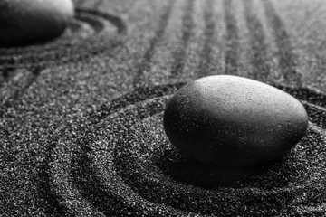 Fotobehang Zen Stenen Black sand with stone and beautiful pattern. Zen concept  © New Africa