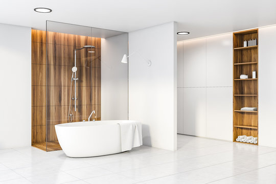 Wooden and white bathroom corner, tub and shower