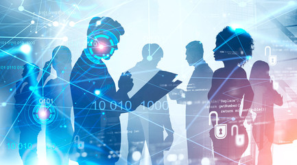 Diverse business team, HUD network interface