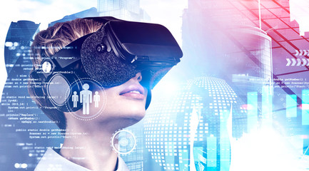 Woman in VR headset and digital interface