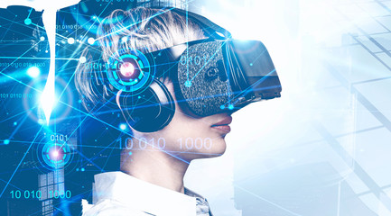 Woman in VR glasses and AI concept