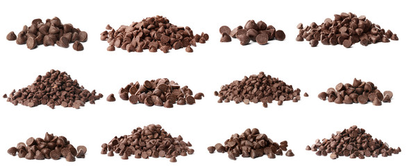 Set of tasty chocolate chips isolated on white