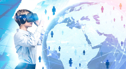 Woman in VR headset, global social network