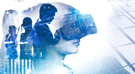 Woman in VR glasses and her business team