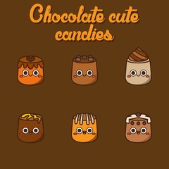 Chocolate cute candies, cute Character, Vector illustration of different shapes and kinds of chocolate candies. 